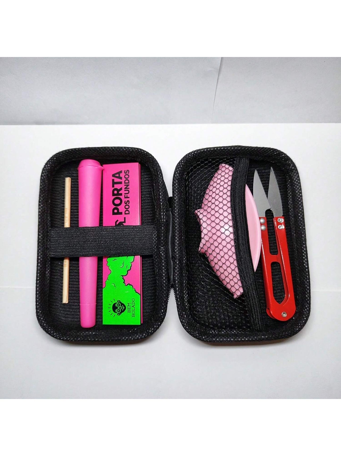 Kit Pilão com Estojo e Itens Tabacaria 6 itens essenciais Completo Tesoura Cuia Seda Mocó