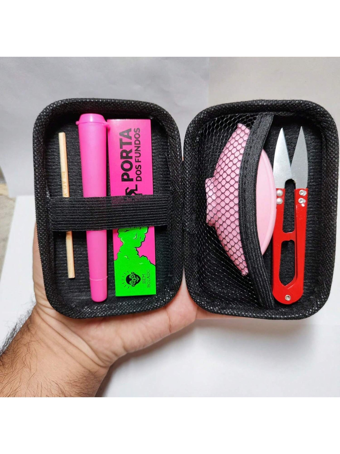 Kit Pilão com Estojo e Itens Tabacaria 6 itens essenciais Completo Tesoura Cuia Seda Mocó