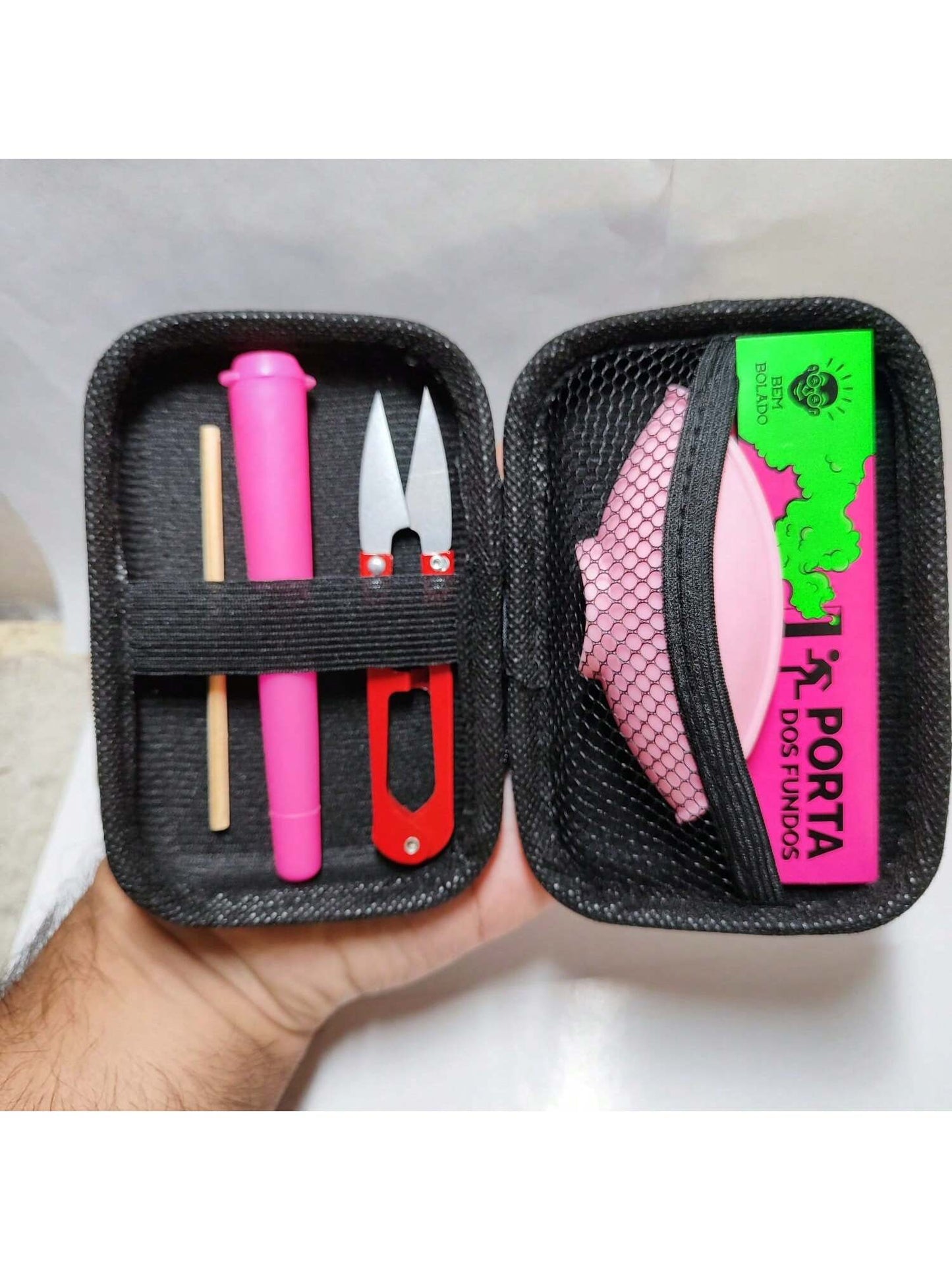 Kit Pilão com Estojo e Itens Tabacaria 6 itens essenciais Completo Tesoura Cuia Seda Mocó
