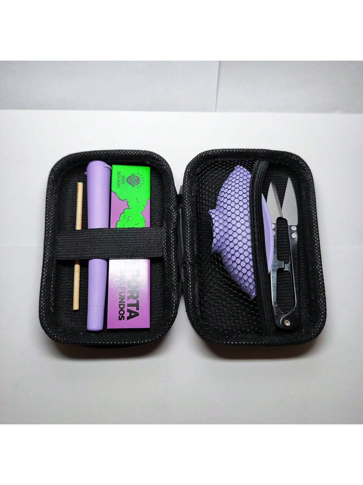 Kit Pilão com Estojo e Itens Tabacaria 6 itens essenciais Completo Tesoura Cuia Seda Mocó