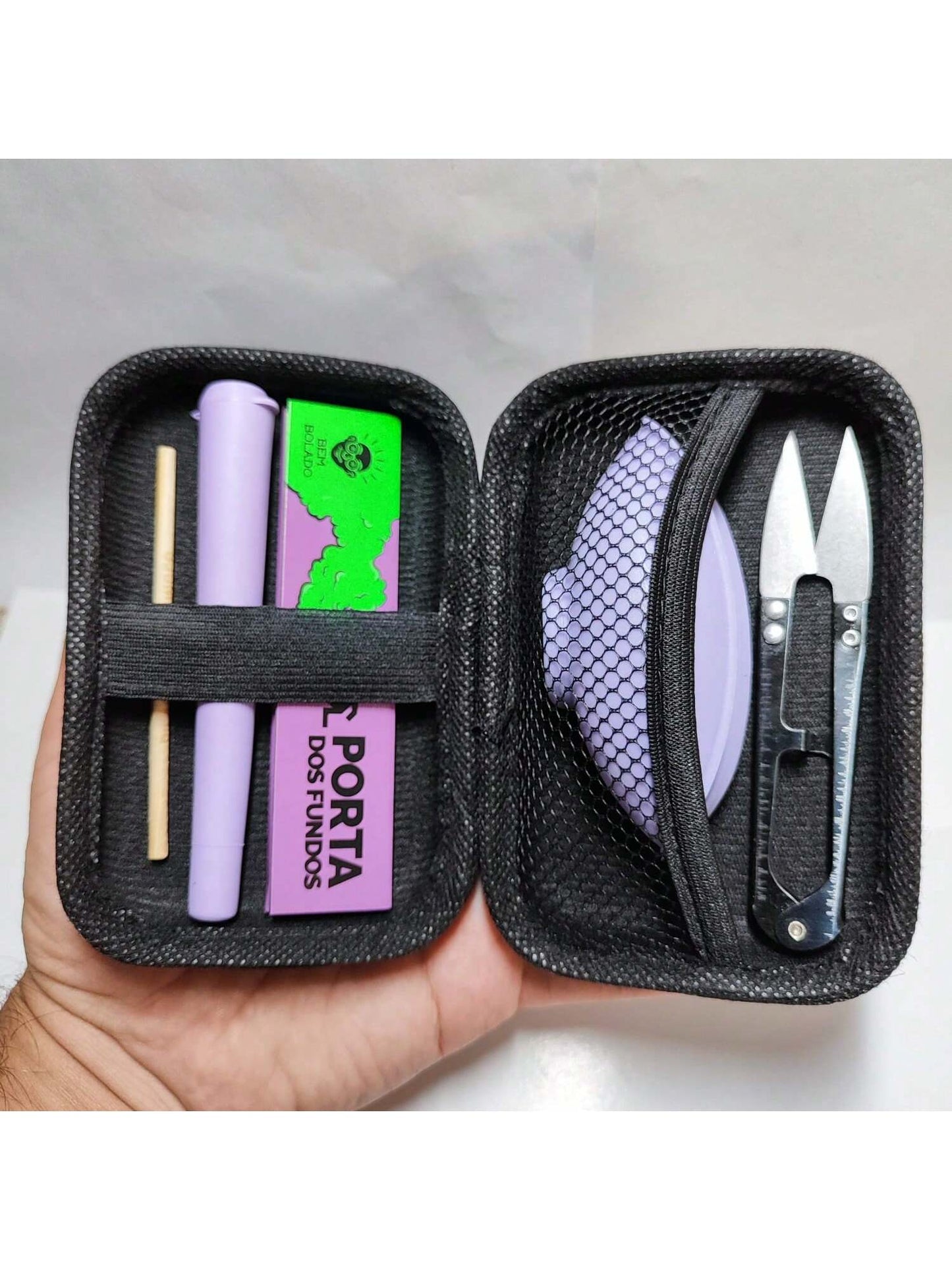 Kit Pilão com Estojo e Itens Tabacaria 6 itens essenciais Completo Tesoura Cuia Seda Mocó